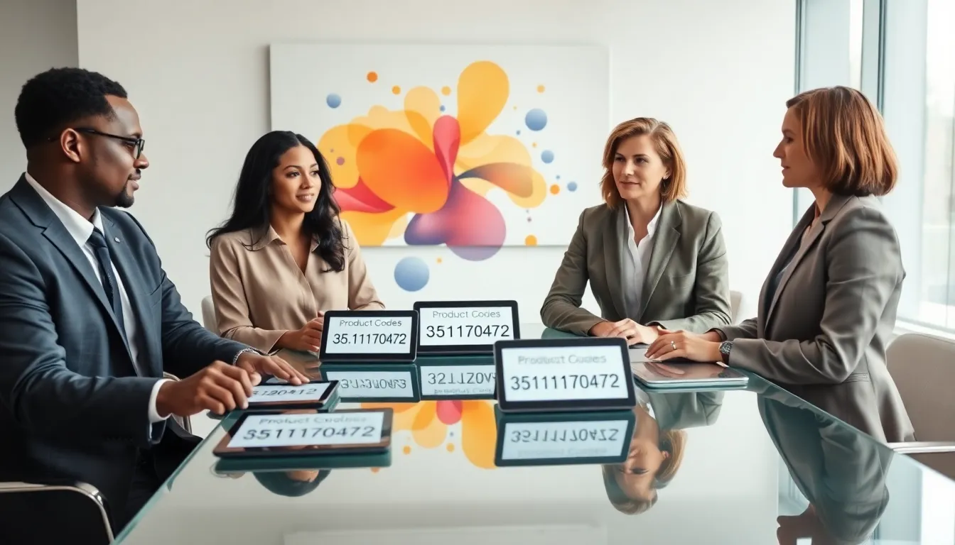 diverse professionals discussing product codes in a modern office.