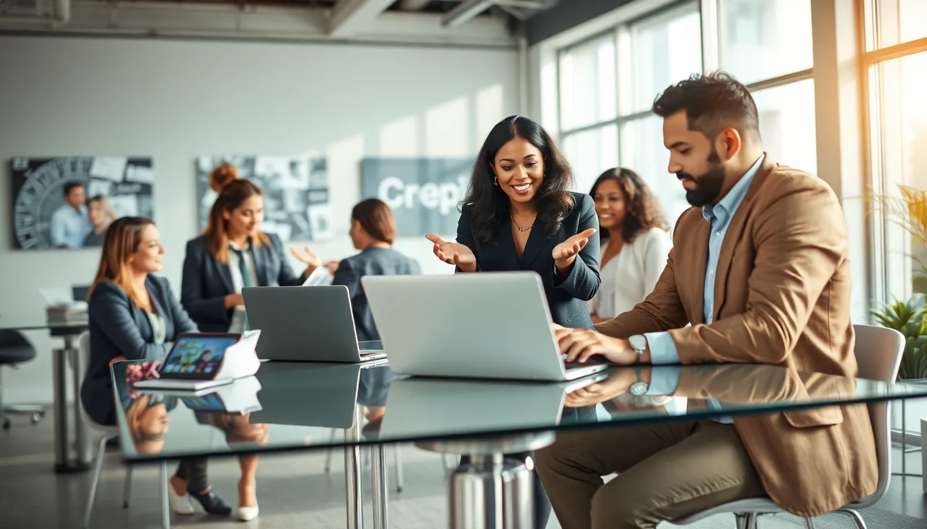 diverse professionals collaborating in a modern workspace.