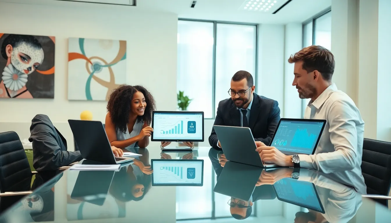 professionals discussing digital privacy in a modern office.